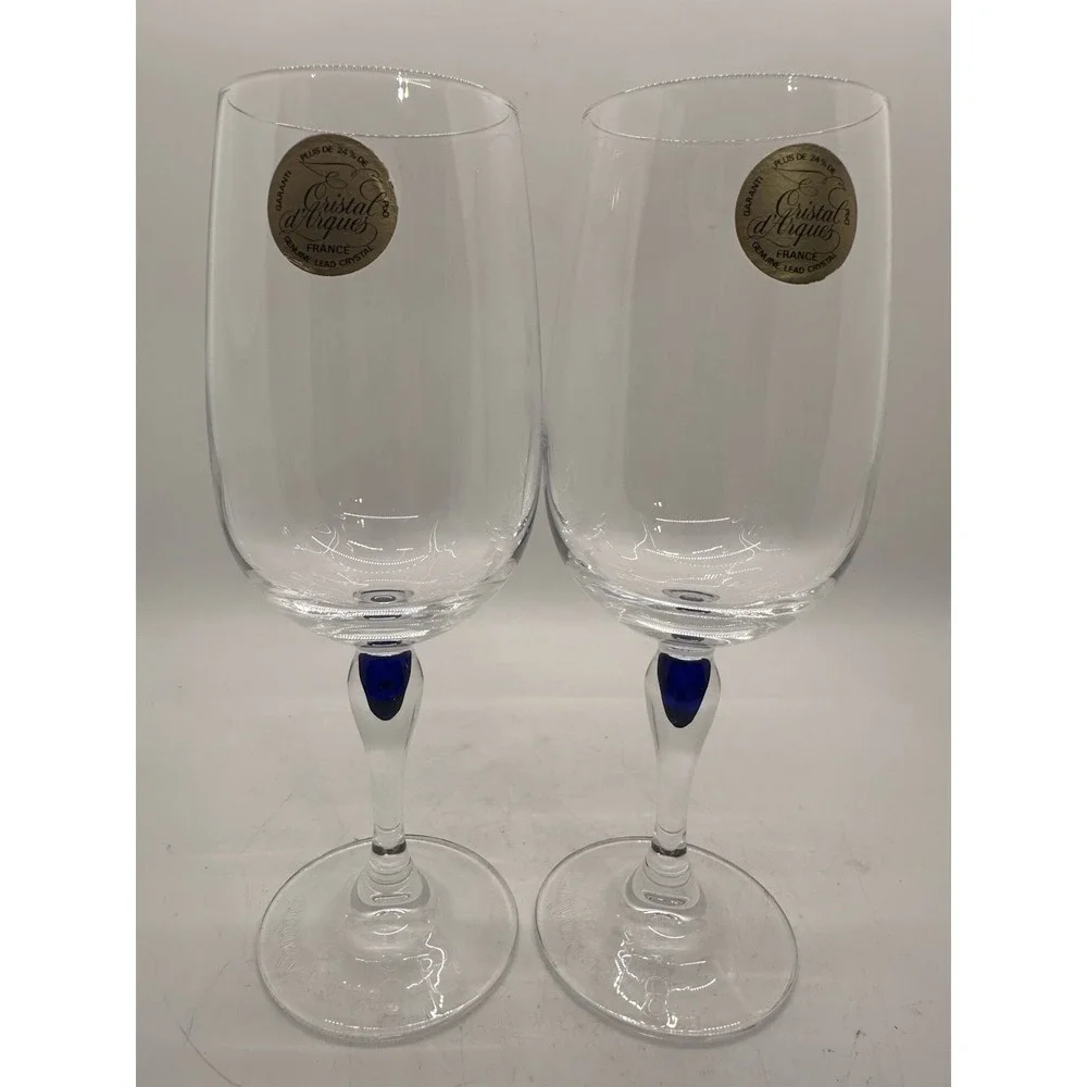Pair Cristal d'Arques Courvoisier Blue Stem Lead Crystal Wine Glasses France